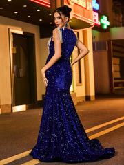 Illusion Neck Rhinestones Glitter Sequin Mermaid Dress Royal Blue
