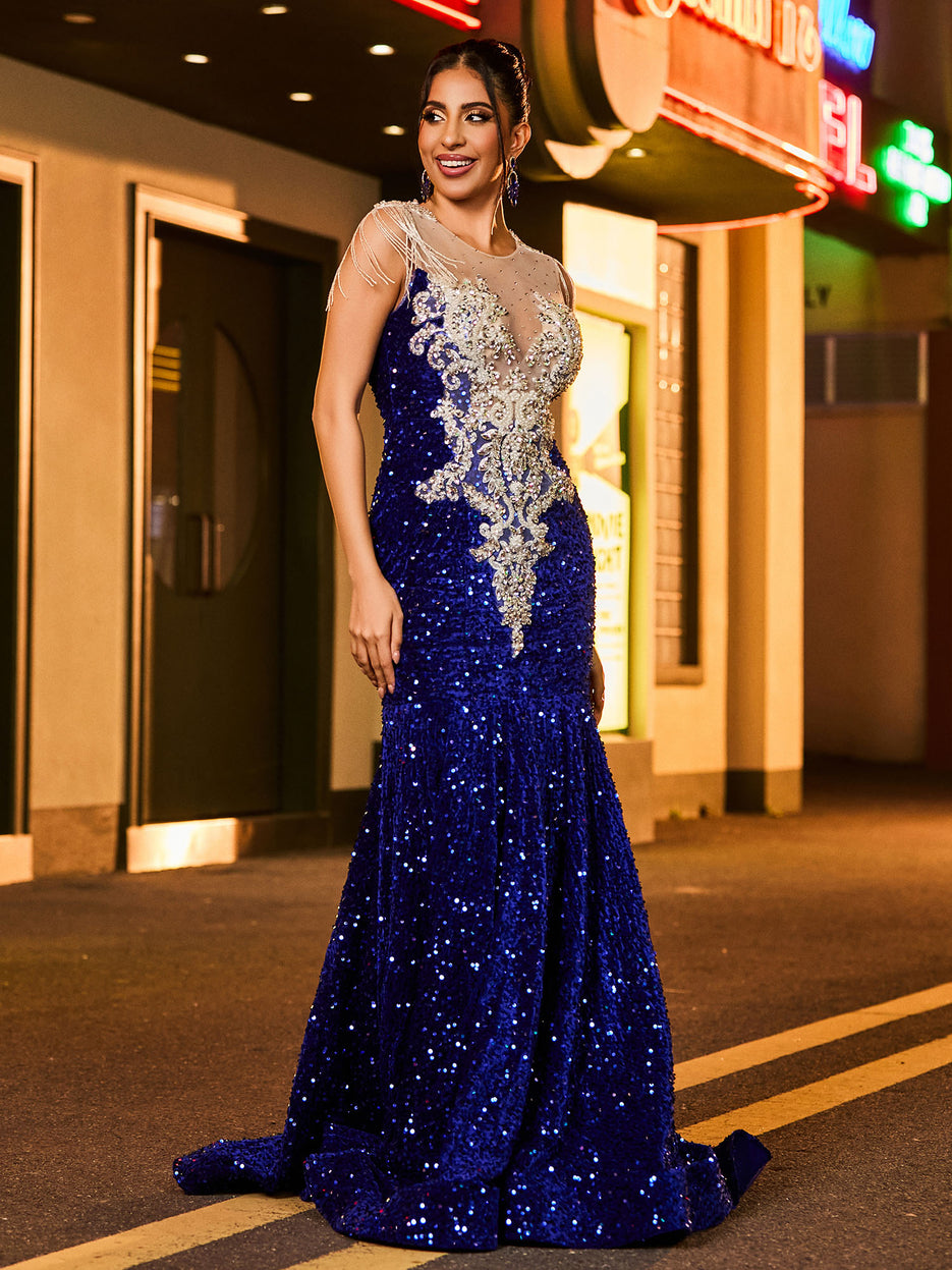 Royal Blue Evening Gown Lace Appliques Illusion Mermaid Open Back Formal Dress