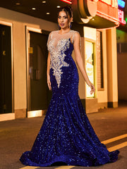 Illusion Neck Rhinestones Glitter Sequin Mermaid Dress Royal Blue