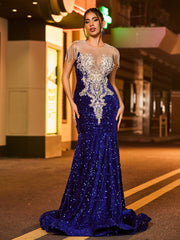 Illusion Neck Rhinestones Glitter Sequin Mermaid Dress Royal Blue