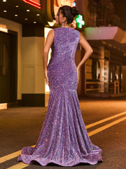 Illusion Neck Diamond Glitter Sequin Mermaid Dress Tahiti