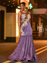 Illusion Neck Diamond Glitter Sequin Mermaid Dress Tahiti