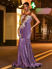 Illusion Neck Diamond Glitter Sequin Mermaid Dress Tahiti