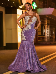 Illusion Neck Diamond Glitter Sequin Mermaid Dress Tahiti