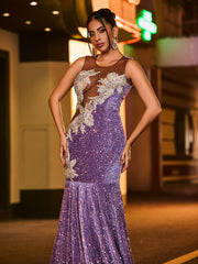 Illusion Neck Diamond Glitter Sequin Mermaid Dress Tahiti