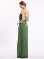 V-neck Spaghetti Strap Chiffon Bridesmaid Dresses-Olive Green Plus Size