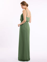 V-neck Spaghetti Strap Chiffon Bridesmaid Dresses-Olive Green