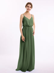 V-neck Spaghetti Strap Chiffon Bridesmaid Dresses-Olive Green Plus Size