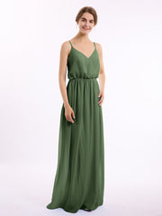V-neck Spaghetti Strap Chiffon Bridesmaid Dresses-Olive Green