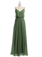 V-neck Spaghetti Strap Chiffon Bridesmaid Dresses-Olive Green