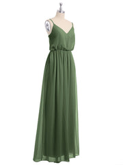 V-neck Spaghetti Strap Chiffon Bridesmaid Dresses-Olive Green Plus Size