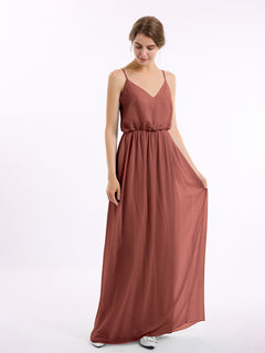 V-neck Spaghetti Strap Chiffon Bridesmaid Dresses-Terracotta