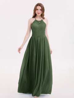 Illusion Neck Lace and Chiffon Maxi Gowns-Olive Green