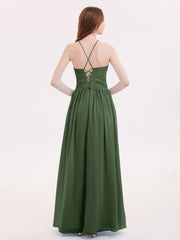 Illusion Neck Lace and Chiffon Maxi Gowns-Olive Green