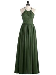 Illusion Neck Lace and Chiffon Maxi Gowns-Olive Green