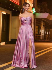 A-line  Strapless Pleated Maxi Dress Lilac