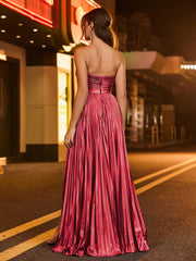 A-line  Strapless Pleated Maxi Dress Burgundy