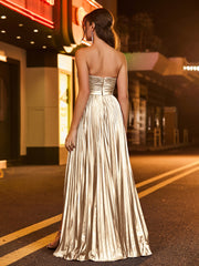 A-line  Strapless Pleated Maxi Dress Champagne