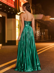 A-line  Strapless Pleated Maxi Dress Dark Green
