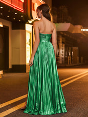 A-line  Strapless Pleated Maxi Dress Emerald