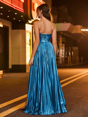 A-line  Strapless Pleated Maxi Dress Ink Blue