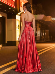 A-line  Strapless Pleated Maxi Dress Red