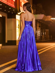 A-line  Strapless Pleated Maxi Dress Royal Blue