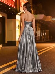 A-line  Strapless Pleated Maxi Dress Silver