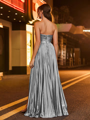 A-line  Strapless Pleated Maxi Dress Steel Grey
