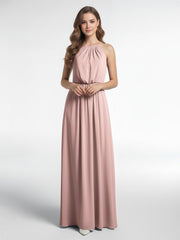 Halter Neck Low Back Chiffon Maxi Sexy Dress-Dusty Rose