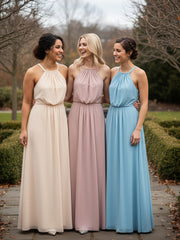 Halter Neck Low Back Chiffon Maxi Sexy Dress-Dusty Rose