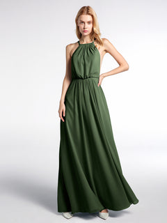 Halter Neck Low Back Chiffon Maxi Sexy Dress-Olive Green