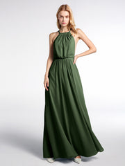 BABARONI Halter Neck Low Back Chiffon Maxi Sexy Dress-Olive Green, Olive Green / US0 BABARONI Halter Neck Low Back Chiffon Maxi Sexy Dress-Olive Green, Olive Green / US0