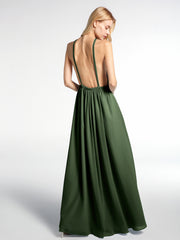 Halter Neck Low Back Chiffon Maxi Sexy Dress-Olive Green Plus Size