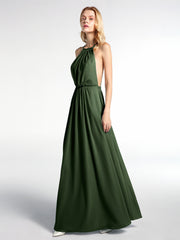 Halter Neck Low Back Chiffon Maxi Sexy Dress-Olive Green Plus Size