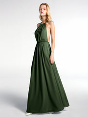Halter Neck Low Back Chiffon Maxi Sexy Dress-Olive Green