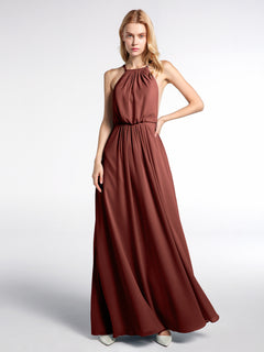 Halter Neck Low Back Chiffon Maxi Sexy Dress-Terracotta