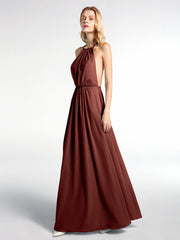 Halter Neck Low Back Chiffon Maxi Sexy Dress-Terracotta