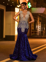 Illusion Mesh Rhinestones Sequins Mermaid Dress Royal Blue