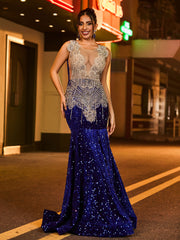 Illusion Mesh Rhinestones Sequins Mermaid Dress Royal Blue