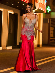 Spaghetti Strap Rhinestones Satin Mermaid Dress Emerald
