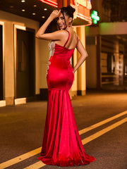 Spaghetti Strap Rhinestones Satin Mermaid Dress Burgundy