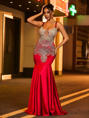 Spaghetti Strap Rhinestones Satin Mermaid Dress Burgundy