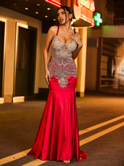 Spaghetti Strap Rhinestones Satin Mermaid Dress Burgundy