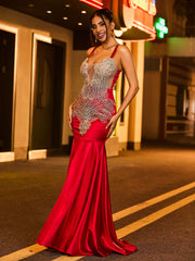 Spaghetti Strap Rhinestones Satin Mermaid Dress Burgundy