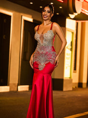 Spaghetti Strap Rhinestones Satin Mermaid Dress Burgundy