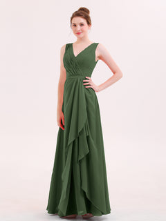 V-neck Chiffon Bridesmaid Gown with Cascade Skirt Olive Green