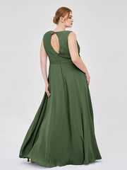 V-neck Chiffon Bridesmaid Gown with Cascade Skirt Olive Green