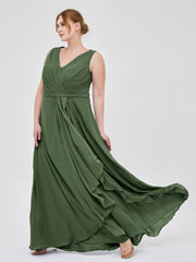 V-neck Chiffon Bridesmaid Gown with Cascade Skirt Olive Green Plus Size