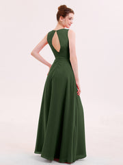 V-neck Chiffon Bridesmaid Gown with Cascade Skirt Olive Green